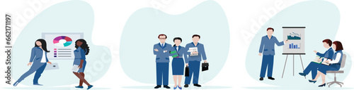 Office teamwork illustration set. Characters working busy people in office, company modern workplace interior with employees sitting tables and computers.