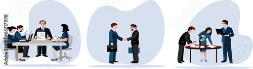 Office teamwork illustration set. Characters working busy people in office, company modern workplace interior with employees sitting tables and computers.