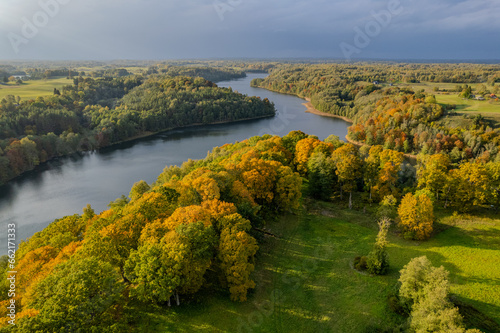 Aerial sunny autumn fall view of Dubingiai, Asveja lake, Lithuania