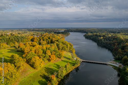 Aerial sunny autumn fall view of Dubingiai, Asveja lake, Lithuania