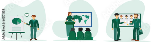 Office teamwork illustration set. Characters working busy people in office, company modern workplace interior with employees sitting tables and computers.