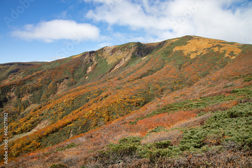 View of Mount Kurikoma with Autumn leaves, Miyagi, Japan