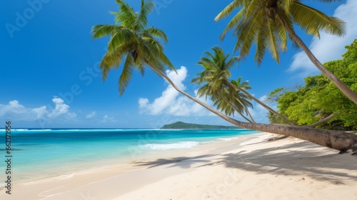 A sandy beach with palm trees swaying for a tropical escape © Cloudyew