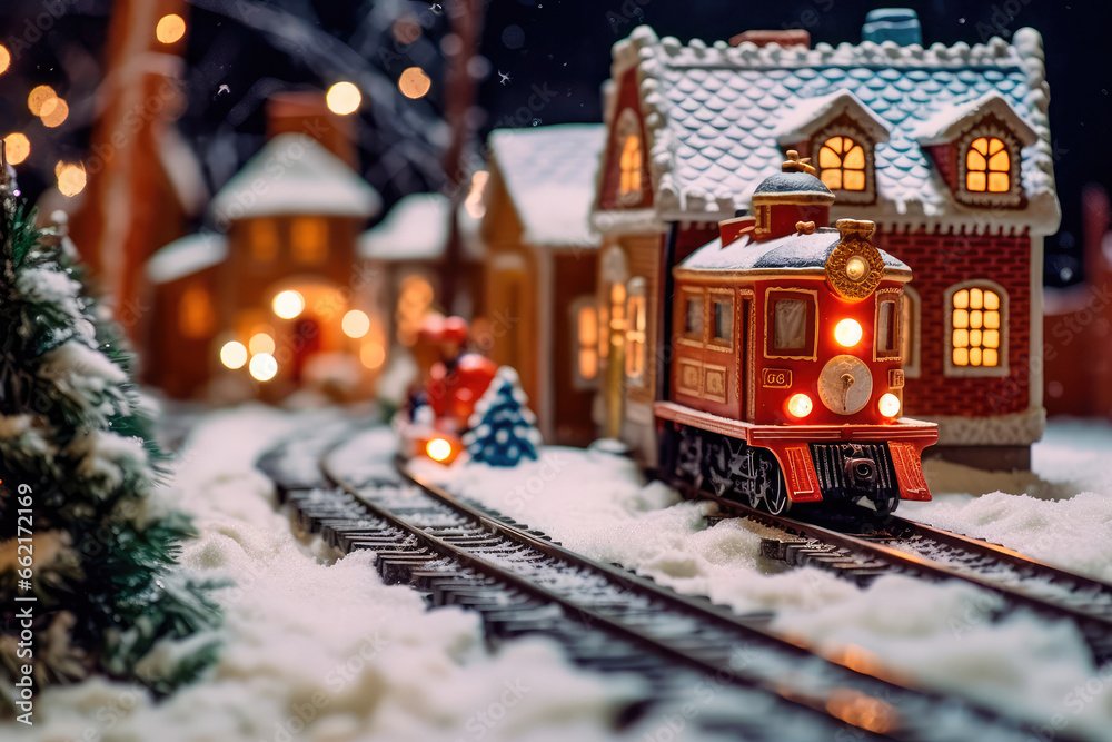 An illustration depicting a gingerbread train traveling on snow-covered rails through a village decorated in a festive theme. Generative AI An illustration depicting a gingerbread train traveling on snow-covered rails through a village decorated in a festive theme. Generative AI
