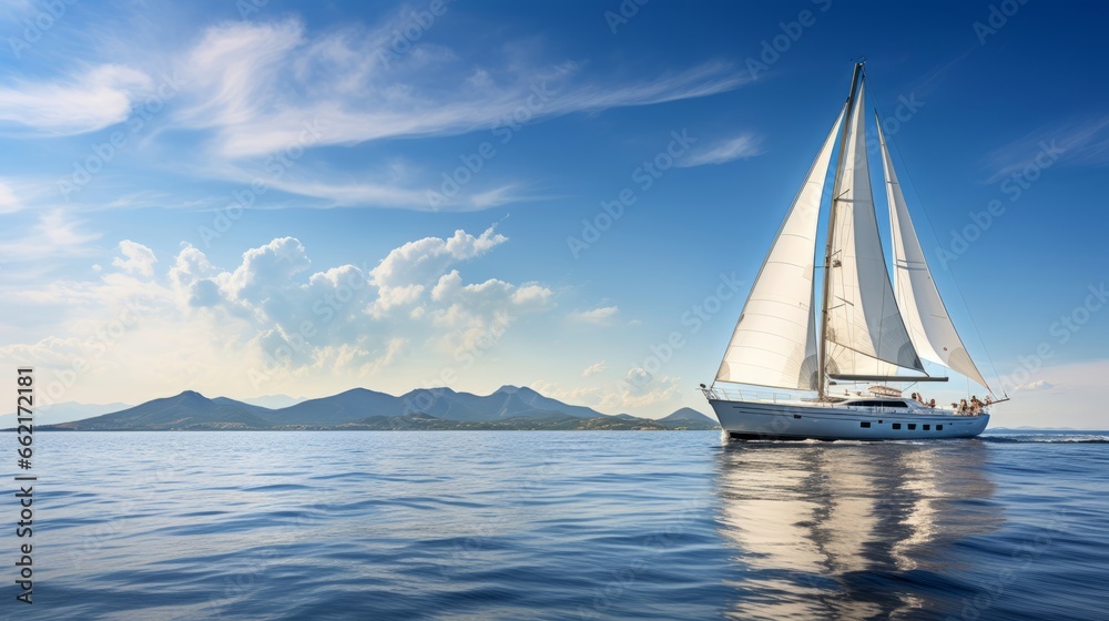 A sleek, luxury yacht sailing on a calm sea