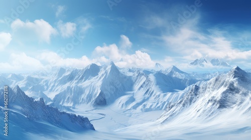 A serene mountain landscape with snowy peaks for a peaceful backdrop