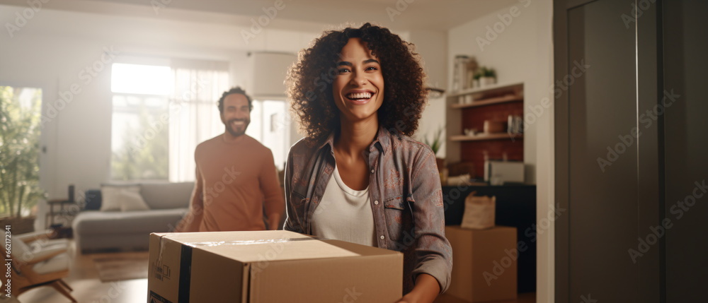 Happy couple, real estate and moving in new home with boxes for renovation, investment or relocation. Man and woman owner carrying box for property rent, mortgage loan or move together. Generative ai - obrazy, fototapety, plakaty 