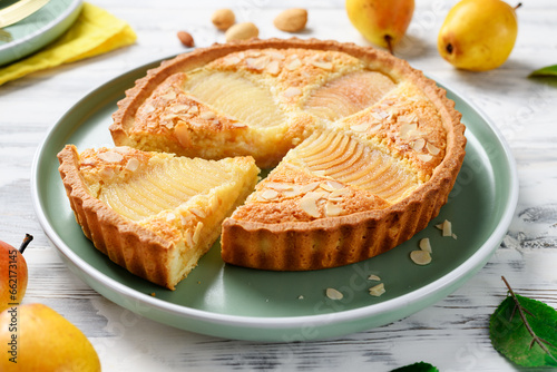 Classic Pear Frangipane Tart (Tarte Bourdaloue). Delicious Autumn and Winter pastry that is full of flavours and texture. photo