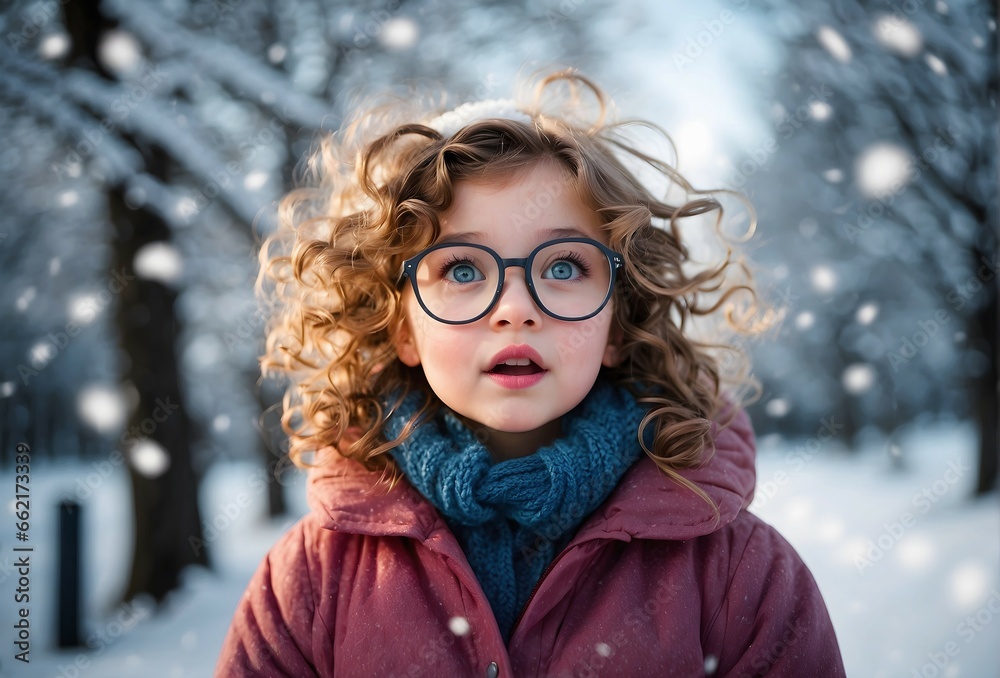 Portrait of cute little girl with glasses and curly hair isolated on winter snowy background, people banner with copy space text Portrait of cute little girl with glasses and curly hair isolated on winter snowy background, people banner with copy space text