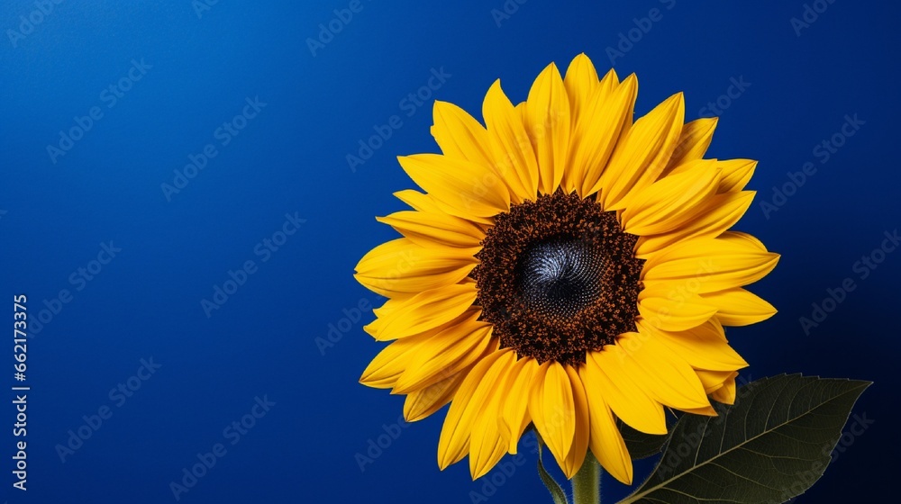 A stunning sunflower with bold yellow petals set against a striking royal blue backdrop, creating a vivid and cheerful composition A stunning sunflower with bold yellow petals set against a striking royal blue backdrop, creating a vivid and cheerful composition