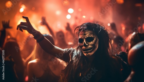 A Halloween party with a masked woman in the foreground raising her arm while dancing