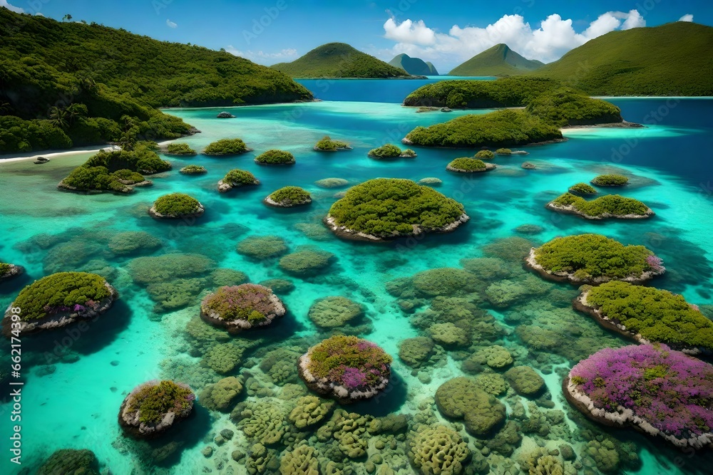 Generate an image of a remote island with a vibrant, bustling marine ecosystem visible through the clear, shallow waters