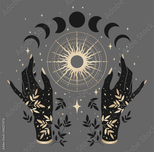 Magical moon phases, sun and woman hands. Gold and black colors. Alchemy esoteric magic space, vector isolated on gray background.