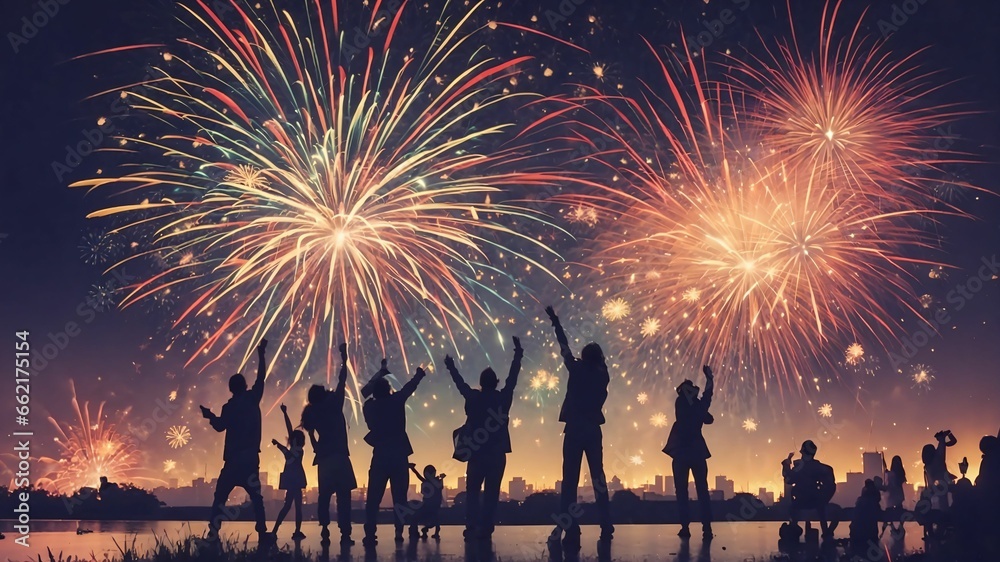 a group of people standing next to each other with fireworks in the sky a group of people standing next to each other with fireworks in the sky