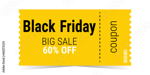Black Friday sale ticket coupon template layout. Big discount of 60. Black and yellow design. Coupon with a big discount. Simple design. Isolated vector illustration white background.