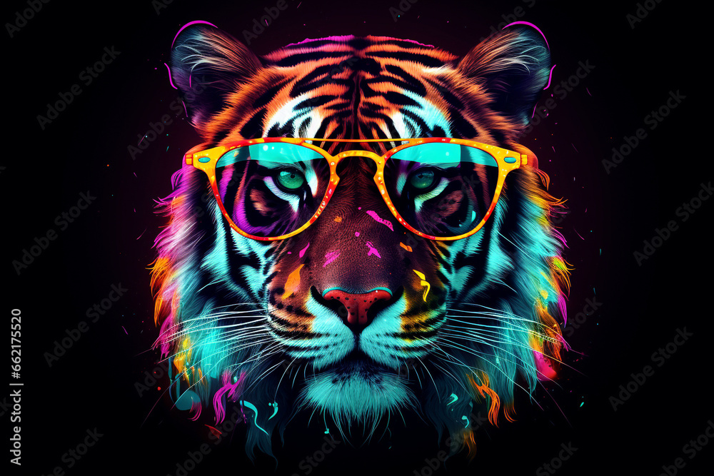 cute tiger wearing glasses combination of neon lights, black background ,  3d rendering, AI generative 