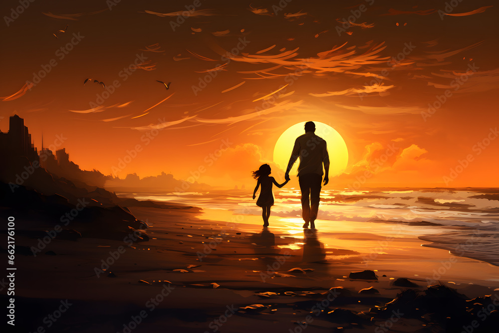 Silhouette of a man with his daughter walking on the beach at sunset