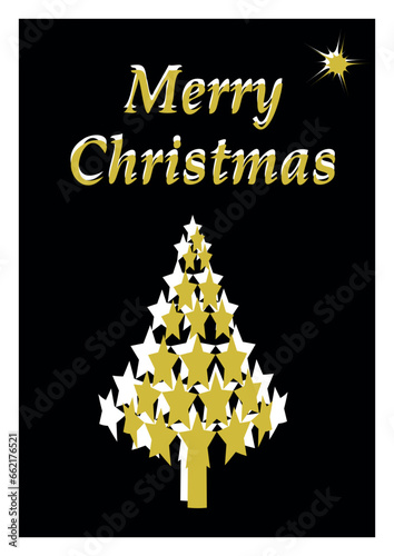 Vector template Christmas greeting card, black and gold card with Christmas tree