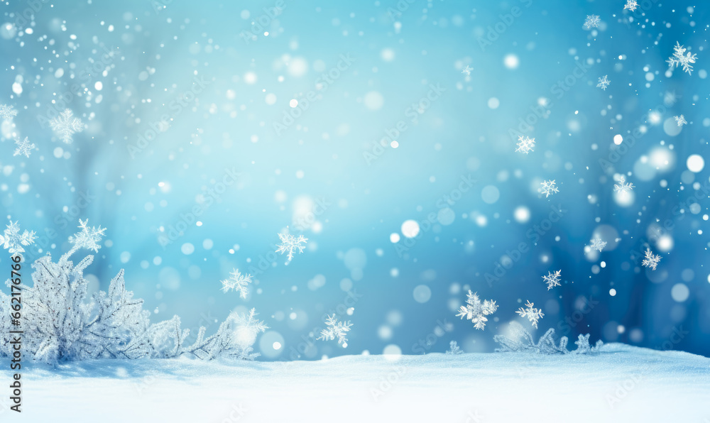 Bokeh-enhanced winter landscape with a blue snow background and sparkling details.
