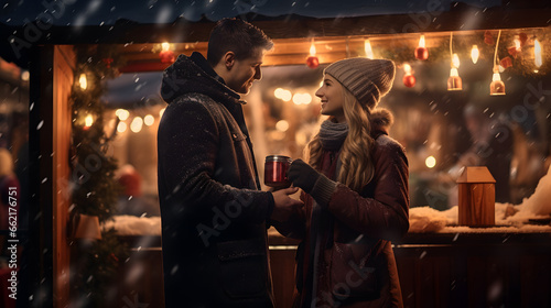 Couple drinking, having fun at the Christmas Market in Winter