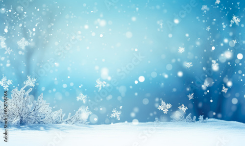 Bokeh-enhanced winter landscape with a blue snow background and sparkling details. © Vladyslav