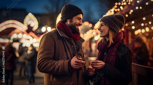 Couple drinking, having fun at the Christmas Market in Winter
