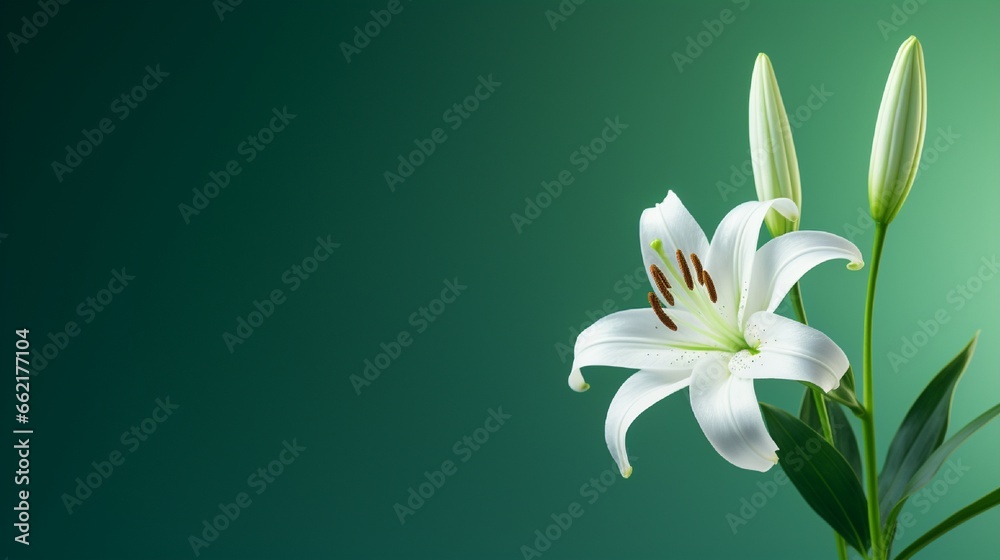 Fototapeta premium A white lily in sharp focus against a deep emerald green background, showcasing the flower's purity and elegance