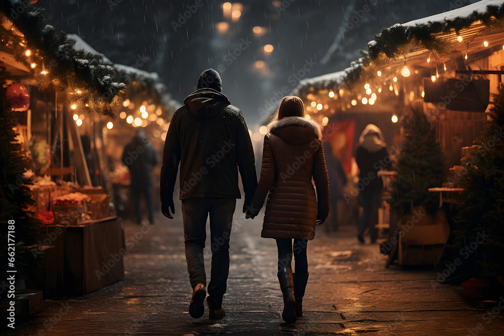 Couple strolling walking through a Christmas Market