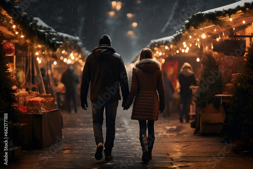 Couple strolling walking through a Christmas Market