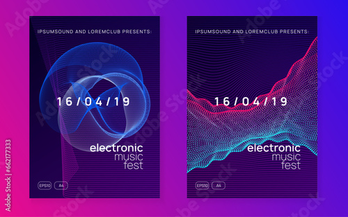 Neon dj flyer. Electro dance music. Electronic sound event. Club fest poster. Techno trance party.