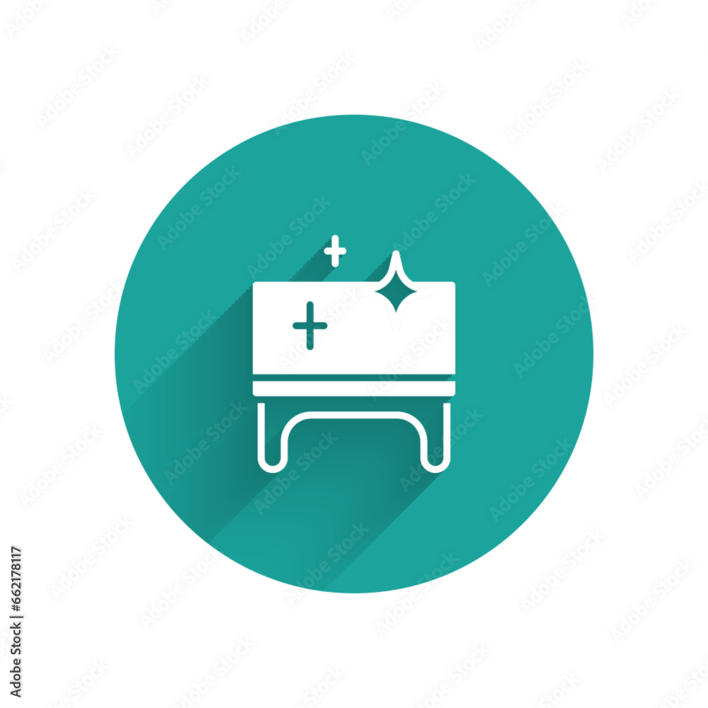 White Clean wooden table icon isolated with long shadow. Green circle button. Vector White Clean wooden table icon isolated with long shadow. Green circle button. Vector