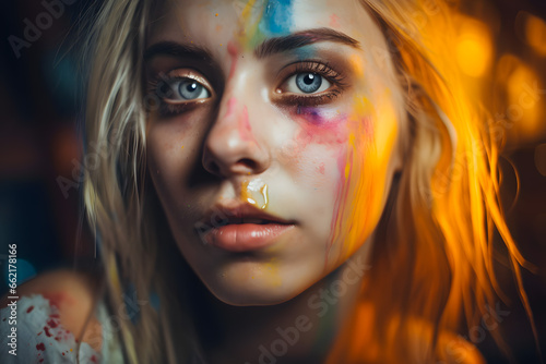 Detailed face portrait closeup of a blonde girl blue eyes painted with colored paints, stained chaotic strokes of watercolor. Generative AI