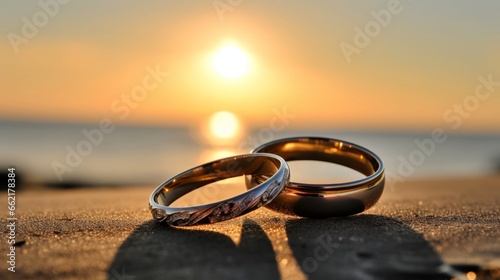 Wedding rings exchanged during a sunset ceremony