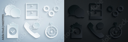 Set Telephone handset and speech bubble chat, Gear, Completed task, Briefcase, Archive papers drawer and Speech icon. Vector
