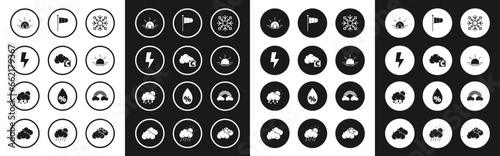 Set Snowflake, Celsius and cloud, Lightning bolt, Sunrise, Cone meteorology windsock wind vane, Rainbow with clouds and Cloud rain sun icon. Vector