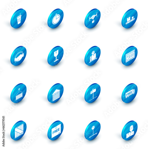 Set Stopwatch, Conveyor belt cardboard box, Support operator in touch, Container crane, Fragile broken glass symbol, Laptop app delivery tracking and Scale icon. Vector