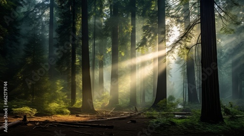 A mystical forest with ethereal light filtering through