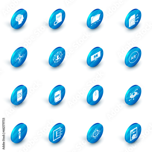 Set File document, Folder and lock, Sim card, Drone, Mobile graphic password protection, Project team base, Ar, augmented reality and Monitor display with 5k video icon. Vector