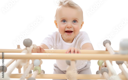 Cute Smiling Baby Exploring a Play Gym Adventurous Closeup Isolated on Transparent Background PNG.
