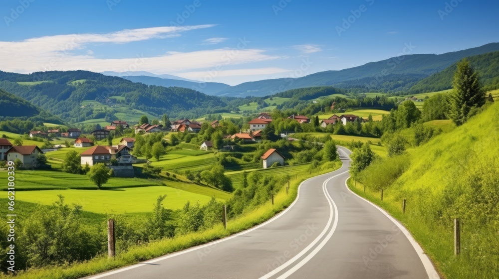 A road through a picturesque European countryside