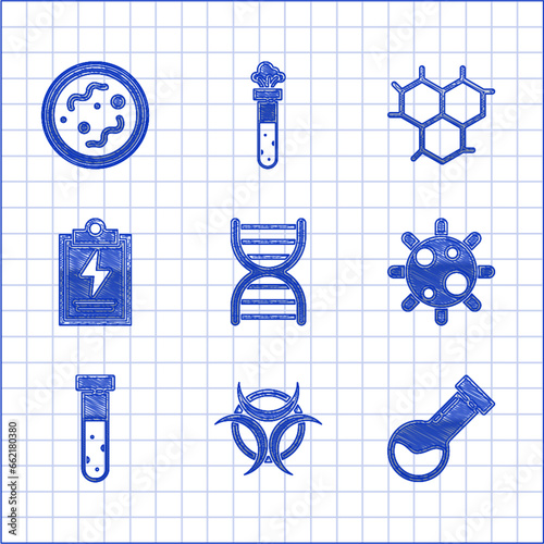 Set DNA symbol, Biohazard, Test tube and flask chemical, Bacteria, Laboratory clipboard with checklist, Chemical formula and icon. Vector