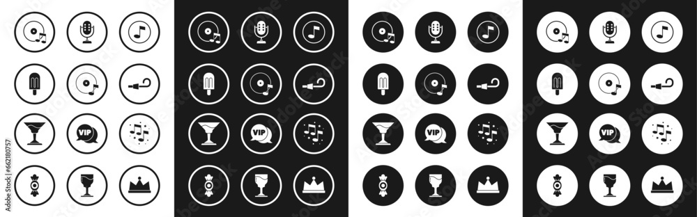 Set Music note, tone, Vinyl disk, Ice cream, Birthday party horn, Microphone, and Cocktail icon. Vector