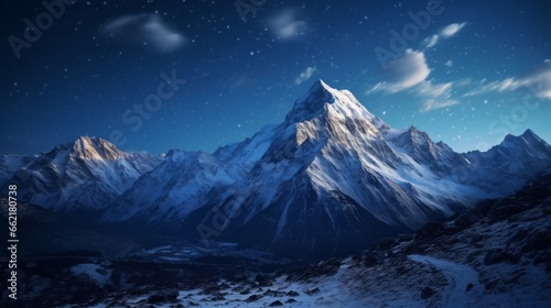 A snowy mountain peak with a starry night sky © Cloudyew