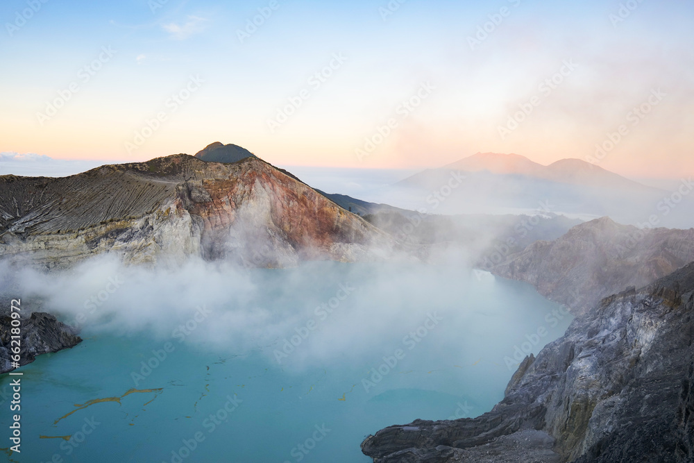 Mount Ijen, a volcano and sulphur mine located near Banyuwangi in East Java, Indonesia. Ijen crater is a famous touristic destination for tourists in Java island, Indonesia.