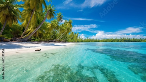 A tropical beach with palm trees and clear blue waters