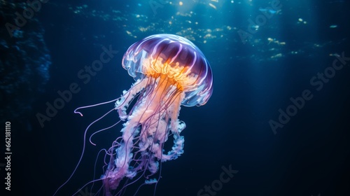 Glowing jellyfish in the depths of the ocean © Cloudyew
