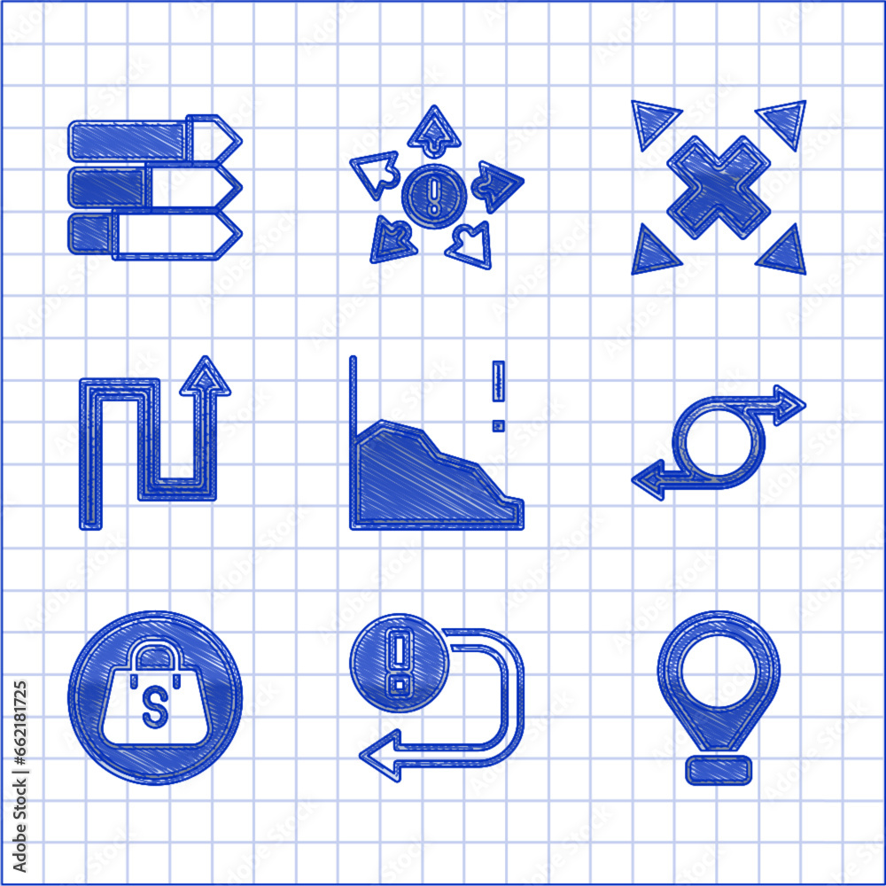 Set Financial growth decrease, Arrow, Location, Shopping bag with Sale, Many ways directional arrow and Pie chart infographic icon. Vector Set Financial growth decrease, Arrow, Location, Shopping bag with Sale, Many ways directional arrow and Pie chart infographic icon. Vector