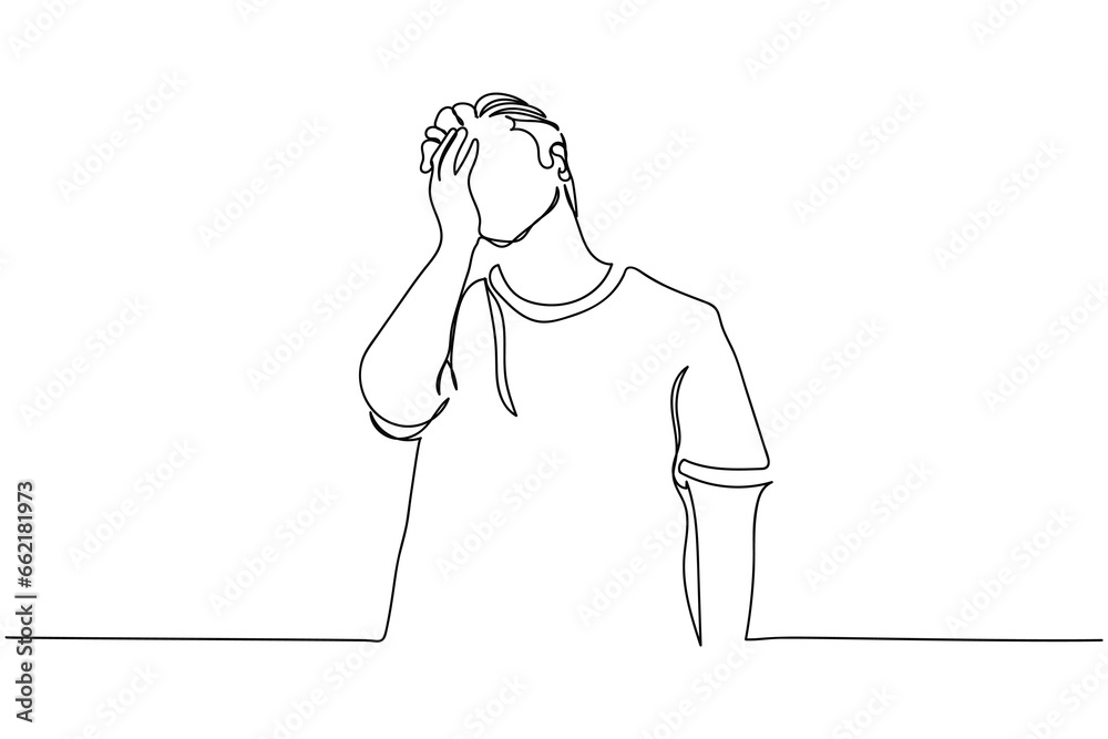 Frustrated and confused entrepreneur. Sad person. Difficult decisions and hopeless circumstances. Strong minded young man struggling with ideas and opportunities. Continuous line art vector graphic.