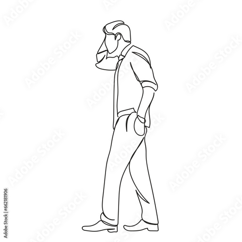 Frustrated and confused entrepreneur. Sad person. Difficult decisions and hopeless circumstances. Strong minded young man struggling with ideas and opportunities. Continuous line art vector graphic.
