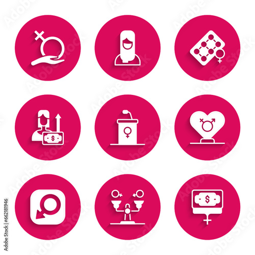 Set Debate podium rostrum, Gender equality, Money growth woman, Male gender, Packaging of birth control pills and Female icon. Vector